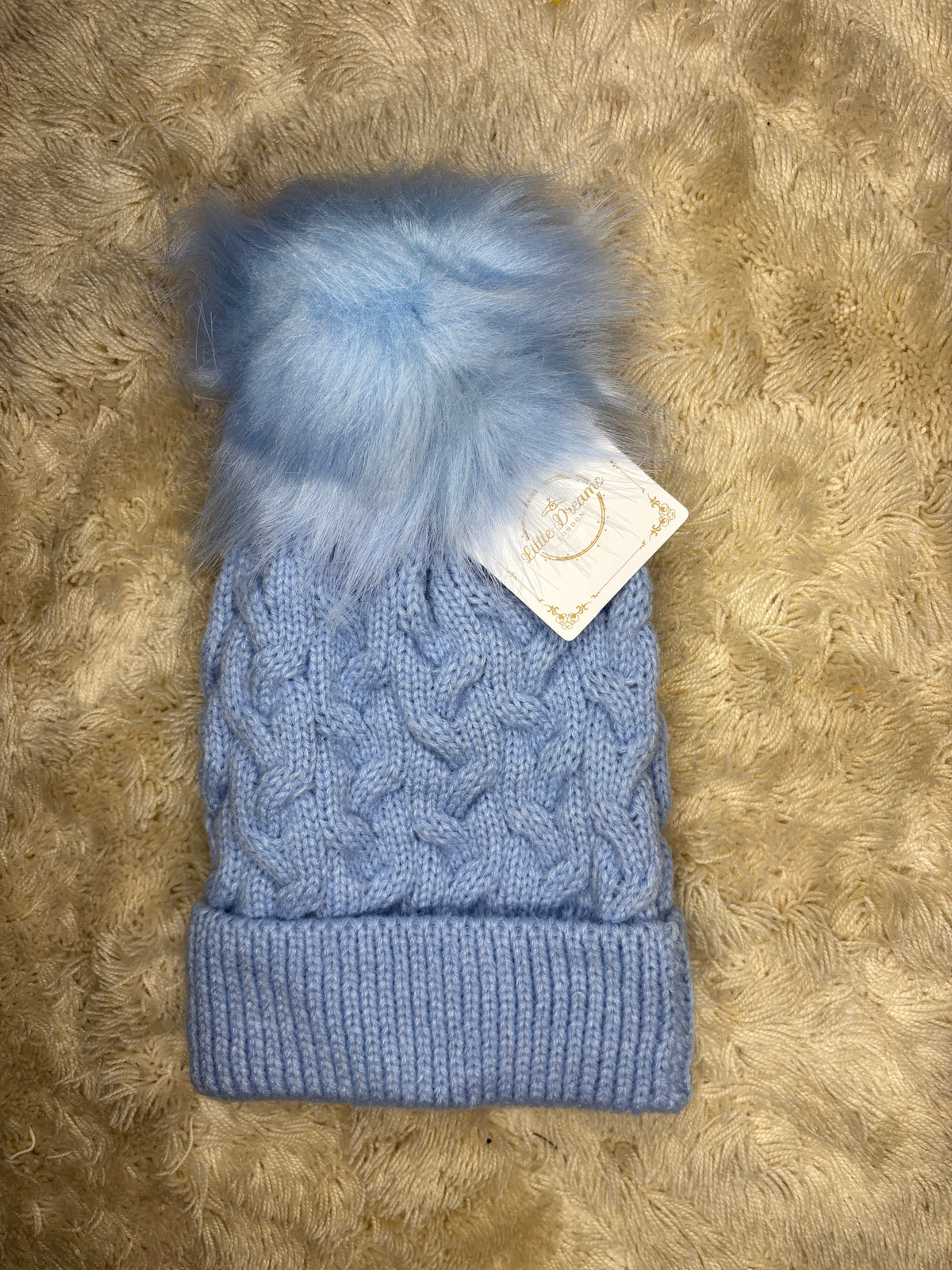Blue Cable Knit Pom Hat