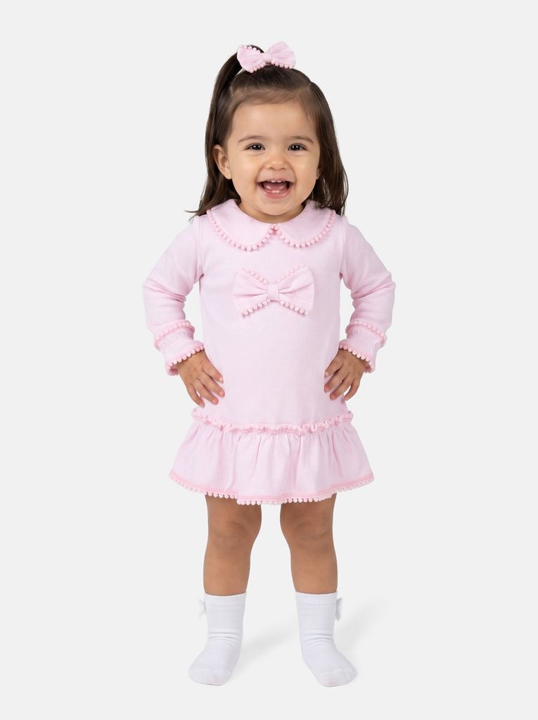 Girls Pink Long Sleeve Dress with Bow and Pom Detailing