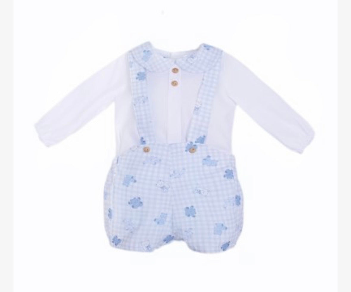 Wee Me Boys Blue Gingham Teddy Dungaree Shorts Set