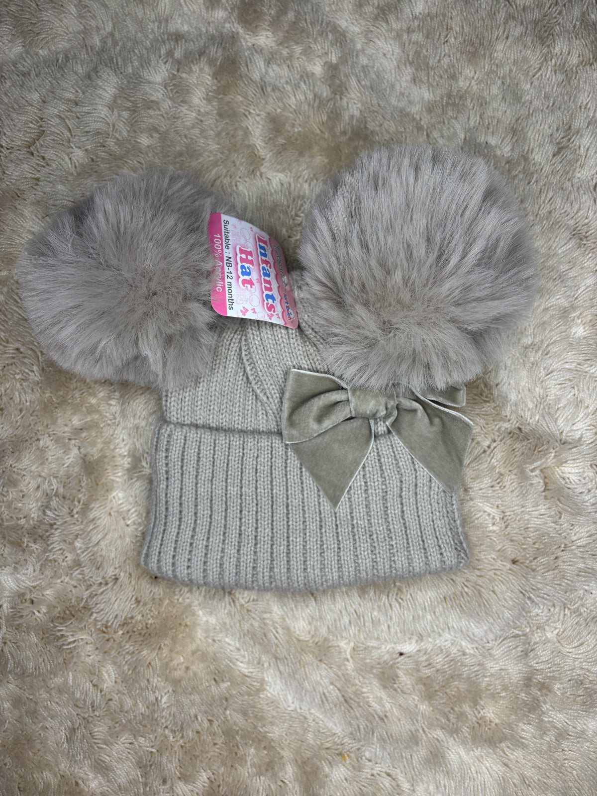 Beige/Grey Pom Hat with bow