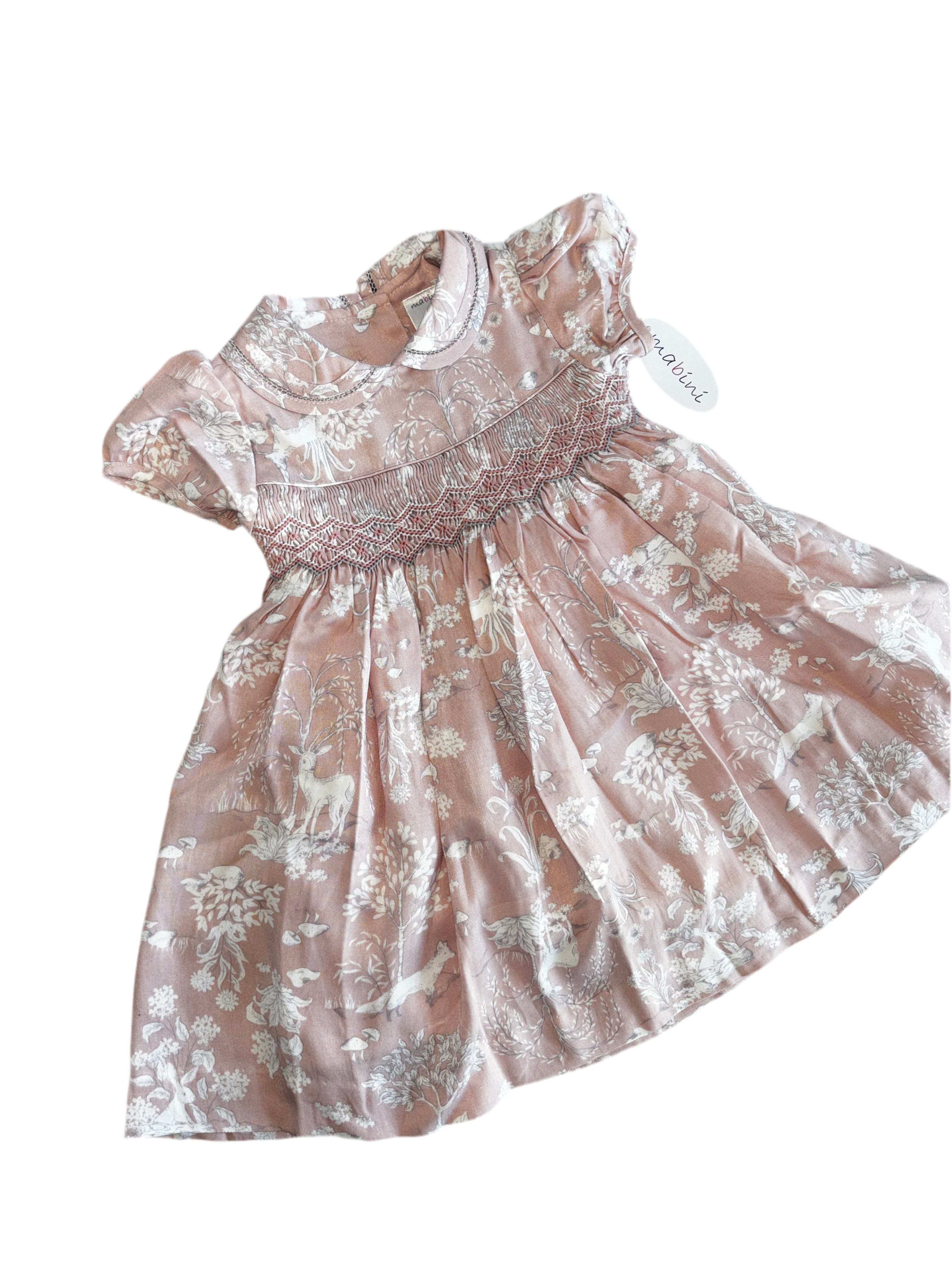 Smock Dress in Peach Woodland Print