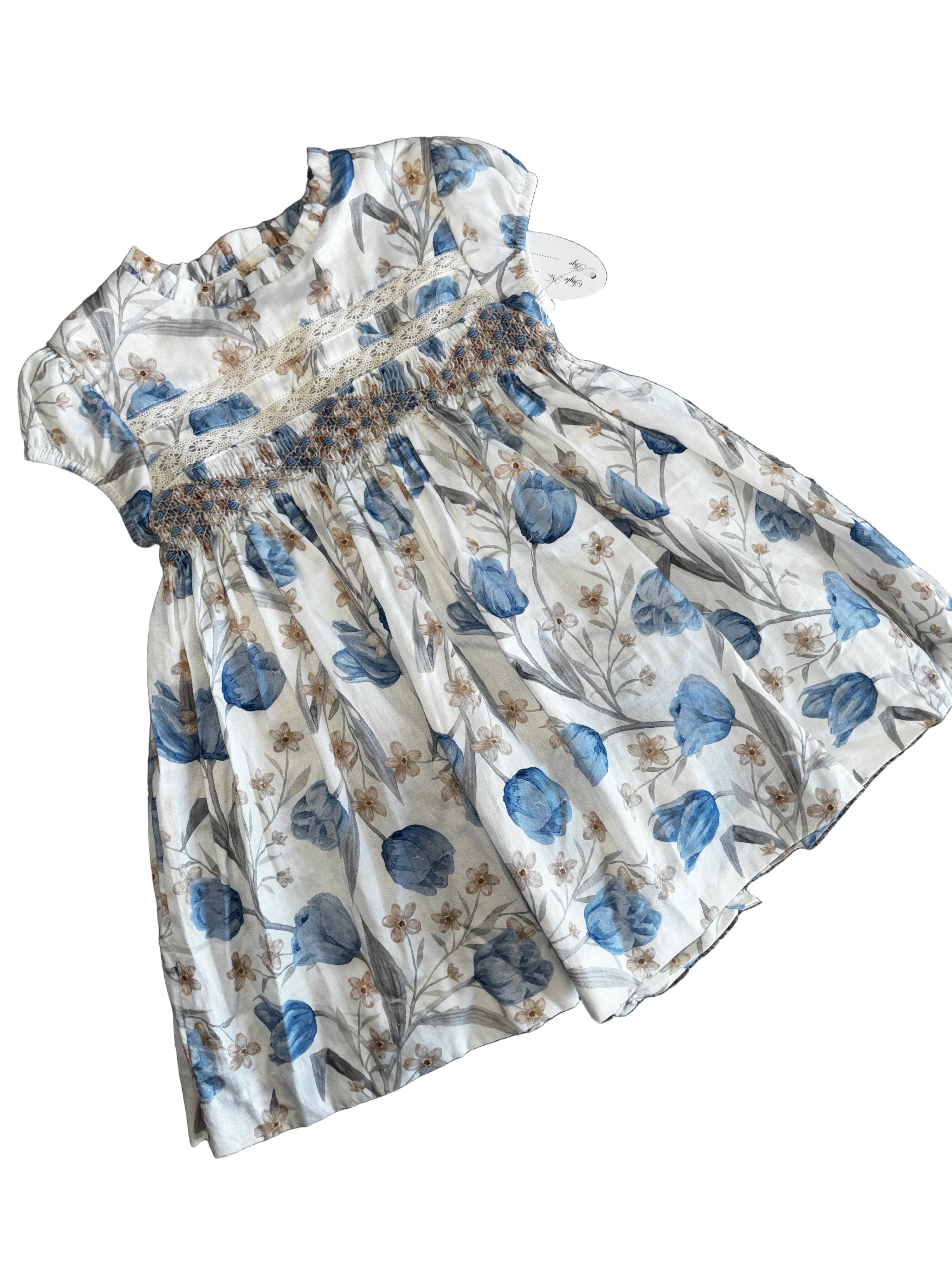 Smock Dress in Blue and Cream Floral Print